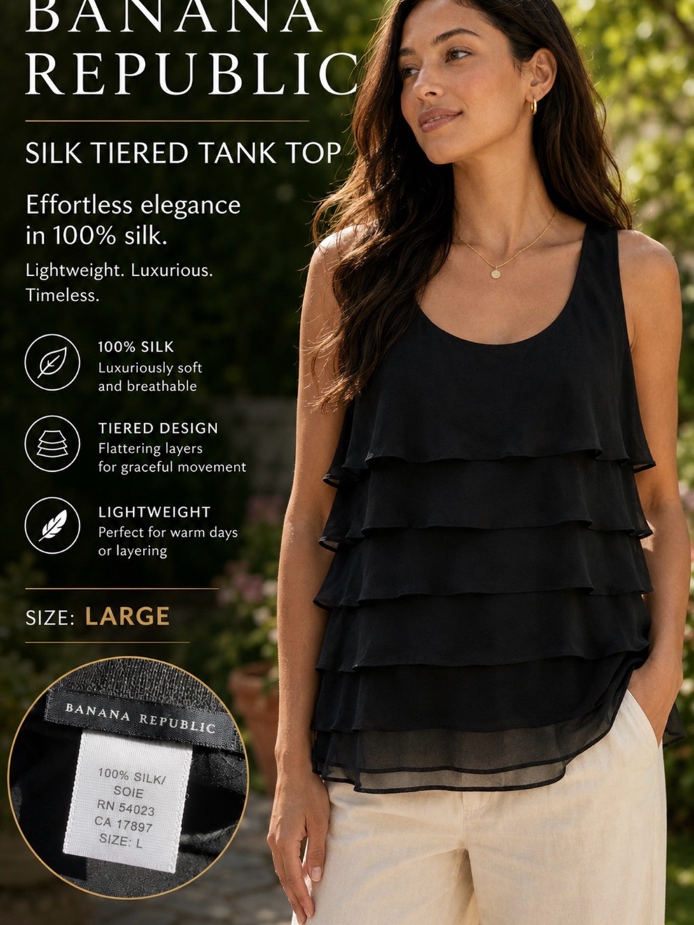 Banana Republic Black Sleeveless Tiered Ruffle Womens L Lightweight Top Silk
